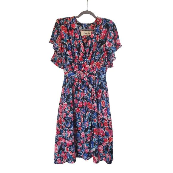 Candi Jones Vintage 80's Floral Ruffled Vibrant Short Sleeve Midi Dress Sz 9/10 - Picture 1 of 13